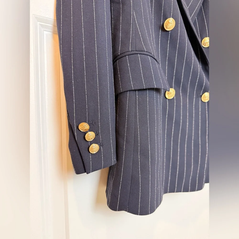 H&M Double-Breasted Pinstripe Blazer Navy Blue Gold Button Jacket Size 0 - Picture 5 of 11